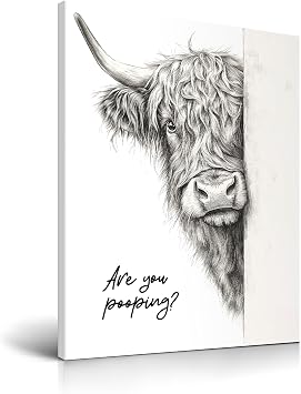 HesenDot Funny Highland Cow Are You Pooping Bathroom Wall Art | 30x40cm Black and White Canvas Print, Rustic Farmhouse Animal Wall D cor for Bathroom Toilet Restroom Nursery, Set of 1
