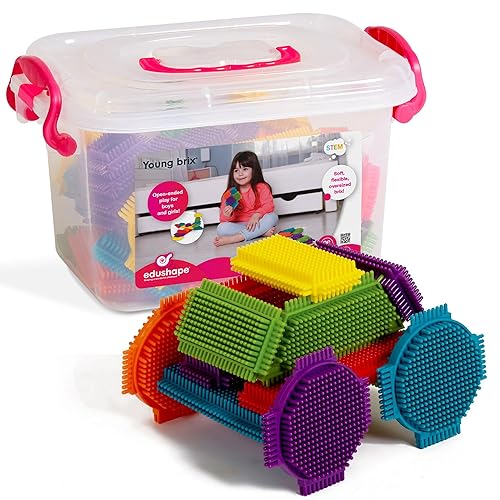 Edushape Young Brix Bloques de construcción entrelazados para bebés, 36 bloques de bebé, ladrillos entrelazados en caja de almacenamiento