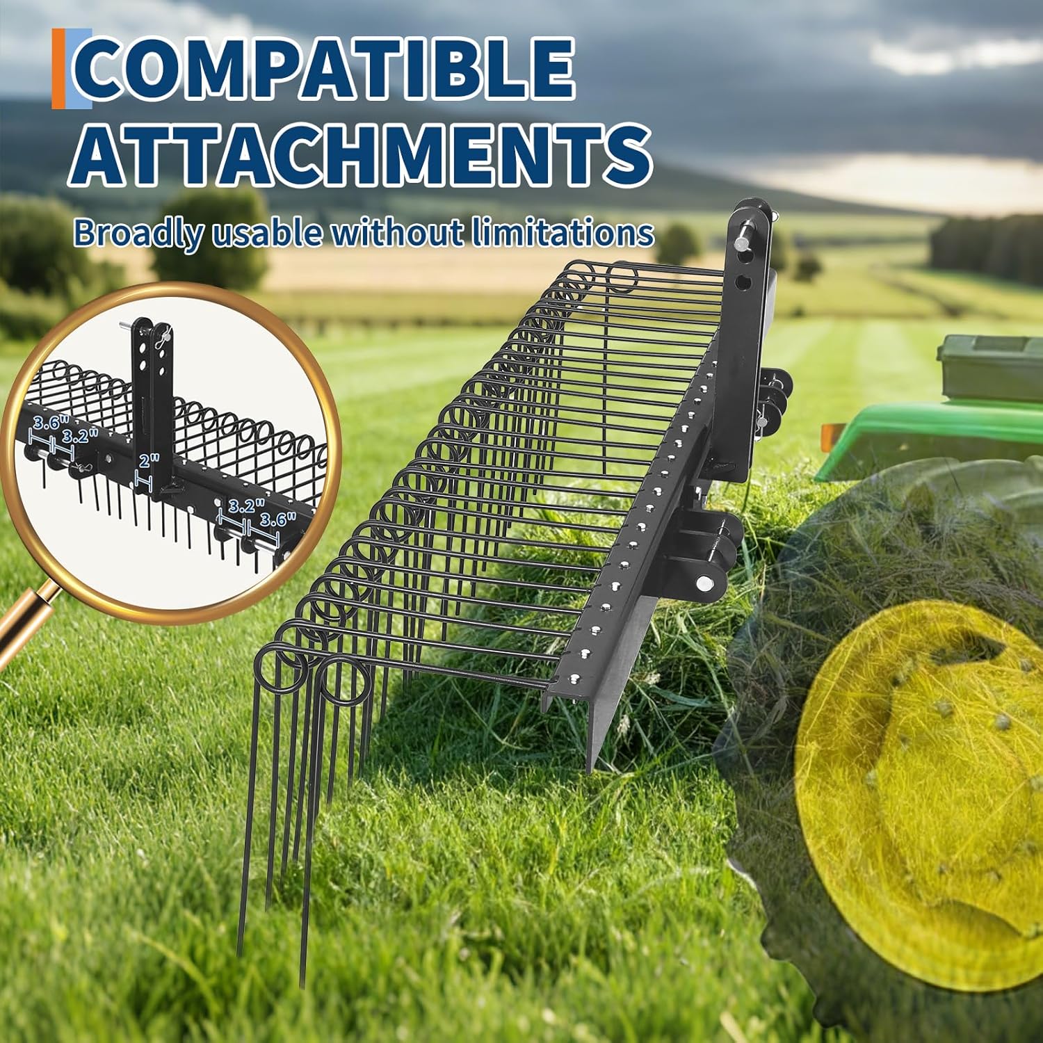 Heavy Duty 72 Inch Tow Behind Landscape Rake for Category 1 Tractors – 3-Point Quick Hitch – 30 Powder-Coated Steel Tines – Size: 72 Inch, Color: All Black