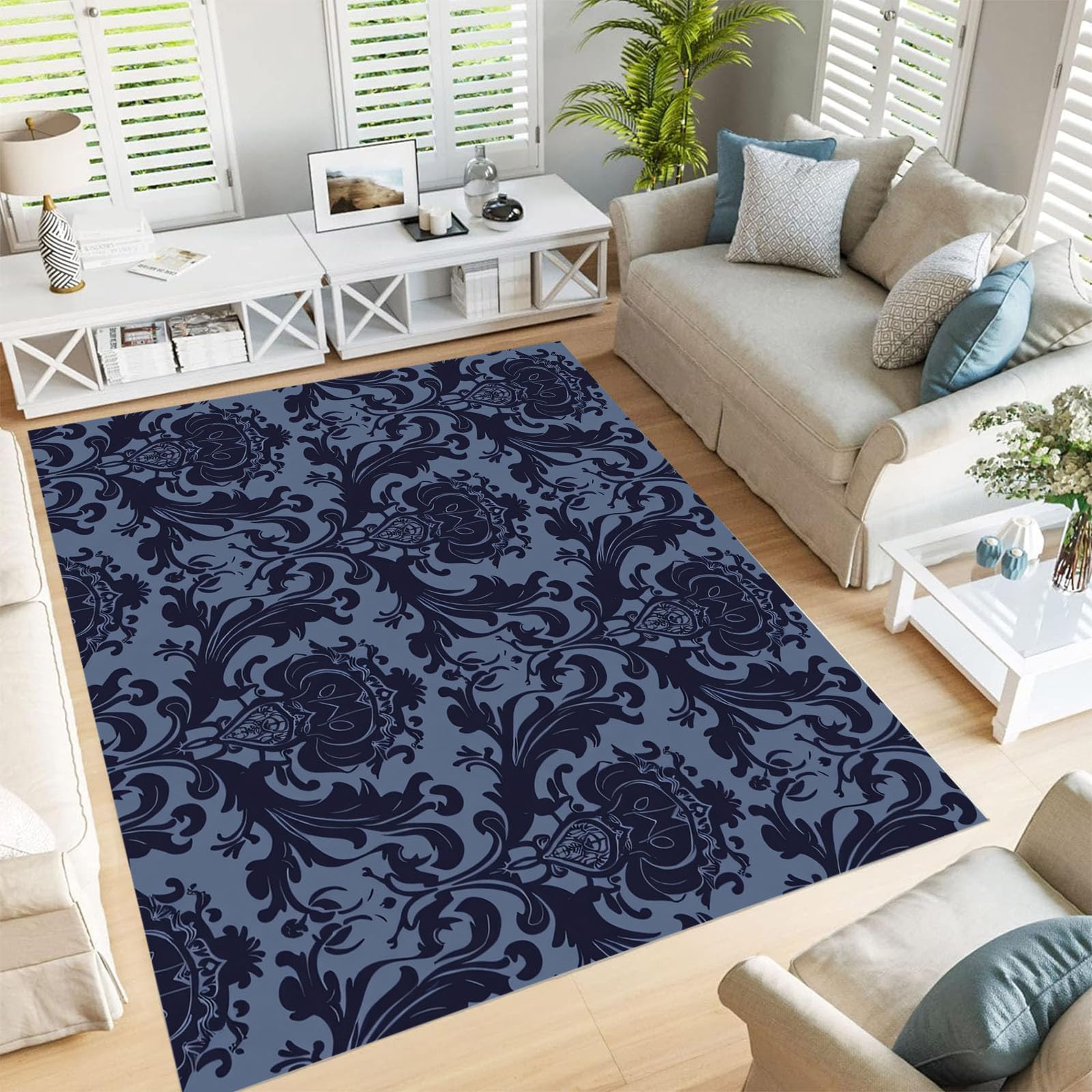 Tapis Damas Baroque bleu cobalt 120x180cm au style classique raffiné
