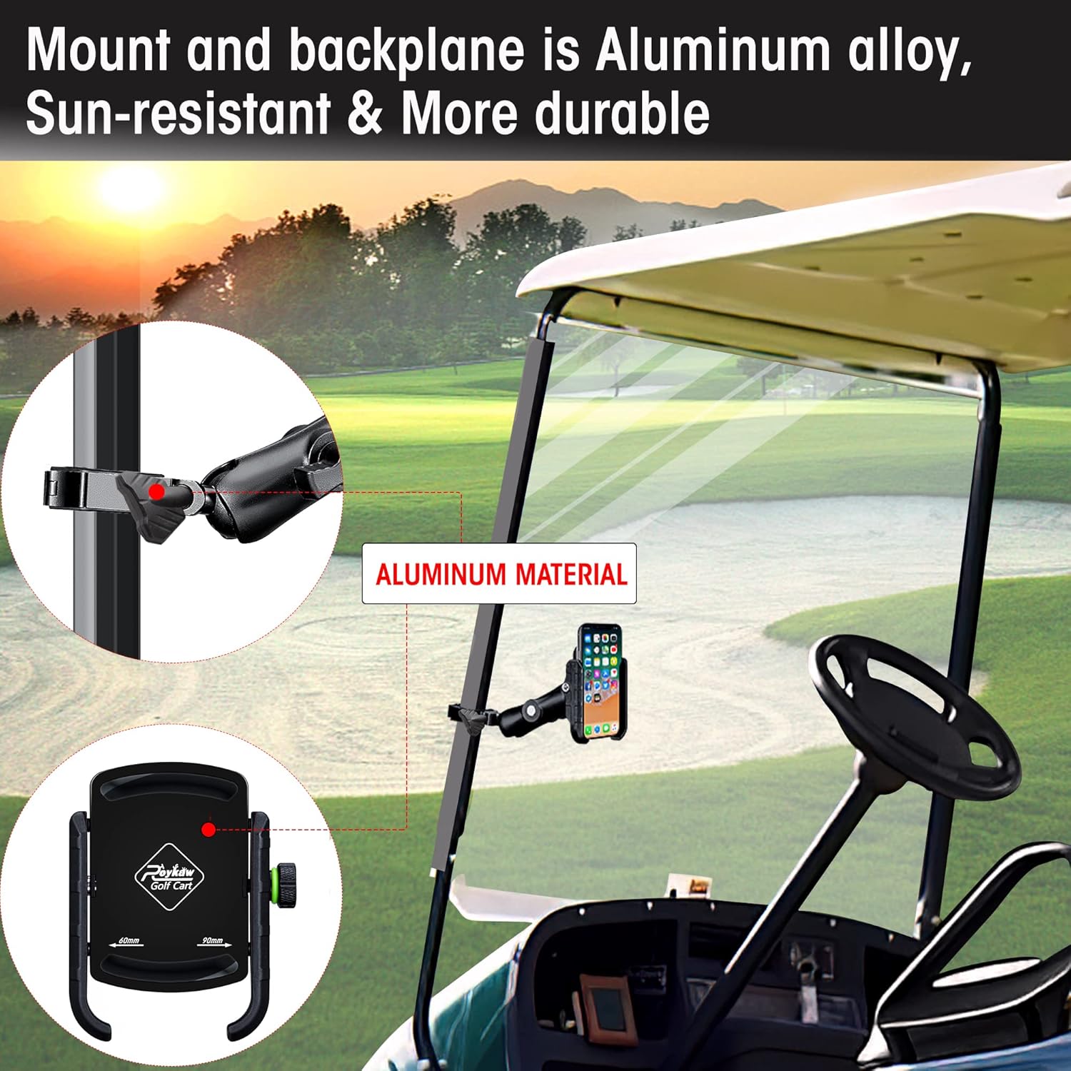 Roykaw Golf Cart Phone Mount Holder for iPhone/Galaxy/Google Pixel - Compatible with EZGO, Club Car, Yamaha, Upgrade Quick Release &One-Handed Pick and Place, Won't Fall Out