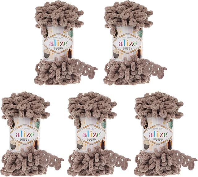 Alize Puffy 5 x 100 g Knitting Wool, 500 g Finger Knit - Wool Super Bulky, Loop Wool, Knitting without Needle (Beige 530)
