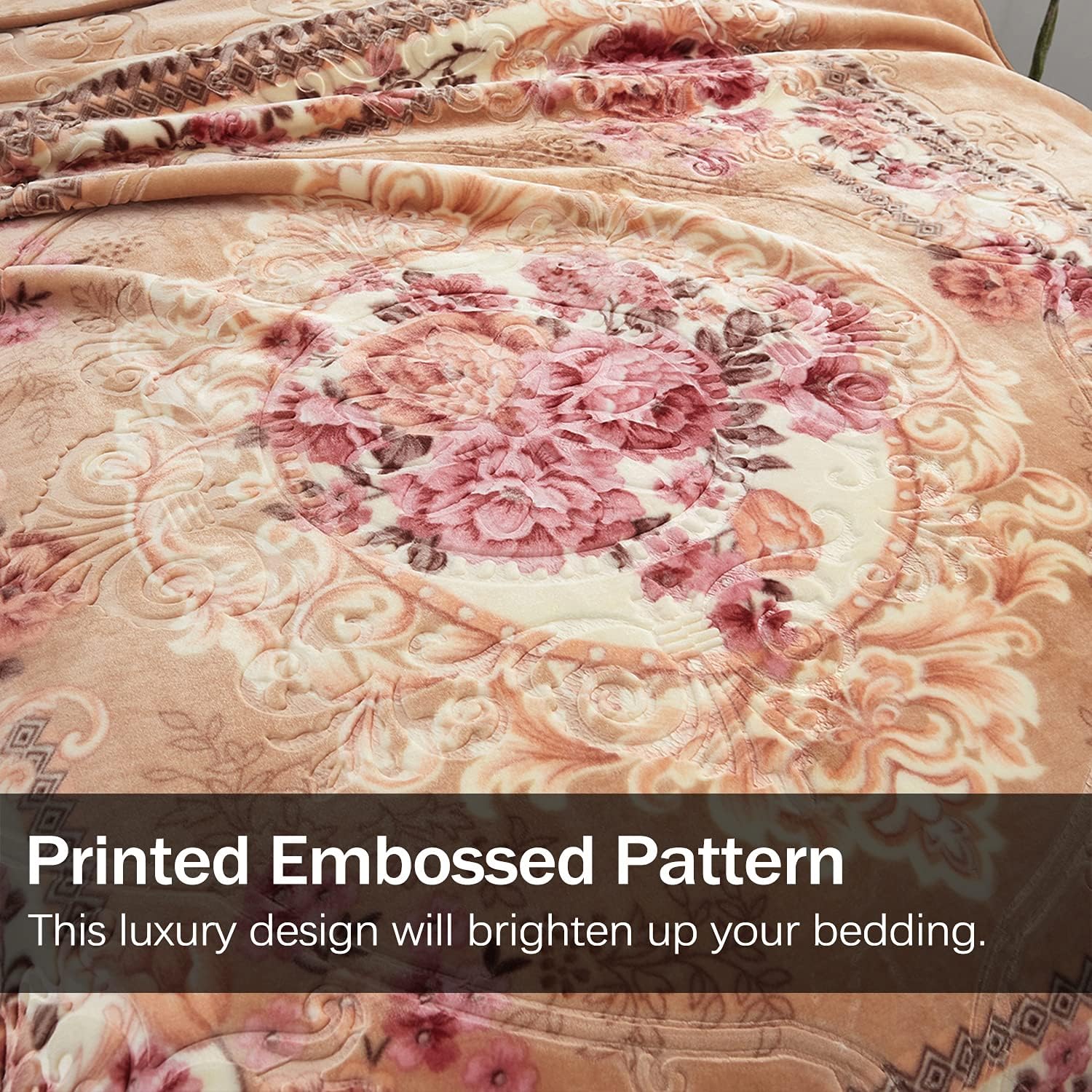 JML Fleece Blanket King Size, Korean Style Thick Raschel Bed Blanket 85 X 95 Inches- 9 Lbs, Single Ply, Soft and Warm, Floral Printing with Luxury Embossing Pattern for Fall,Winter (Khaki Floral) - Image 3