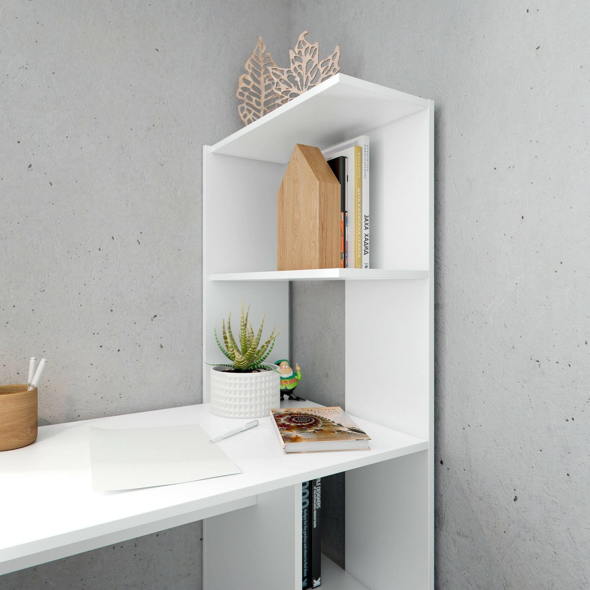 Dmora - Scrivania Pittston, Scrittoio lineare con libreria, Tavolo ufficio multiuso salvaspazio, 110x52h136 cm, Bianco