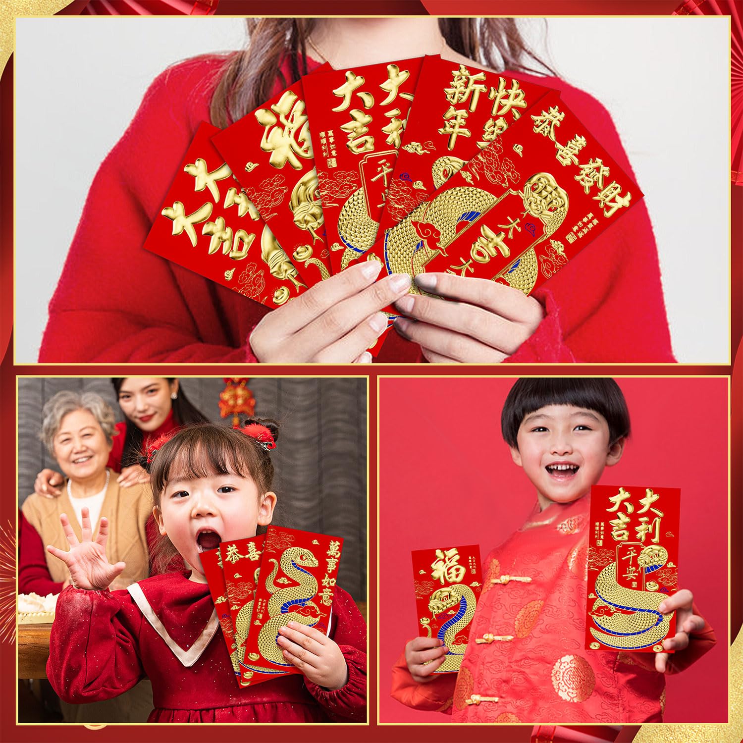Buste Rosse per Capodanno Cinese 2025 con 50 Monete Feng Shui 16,8x9cm Hong Bao Serpente 6 Motivi Rilievo Dorati
