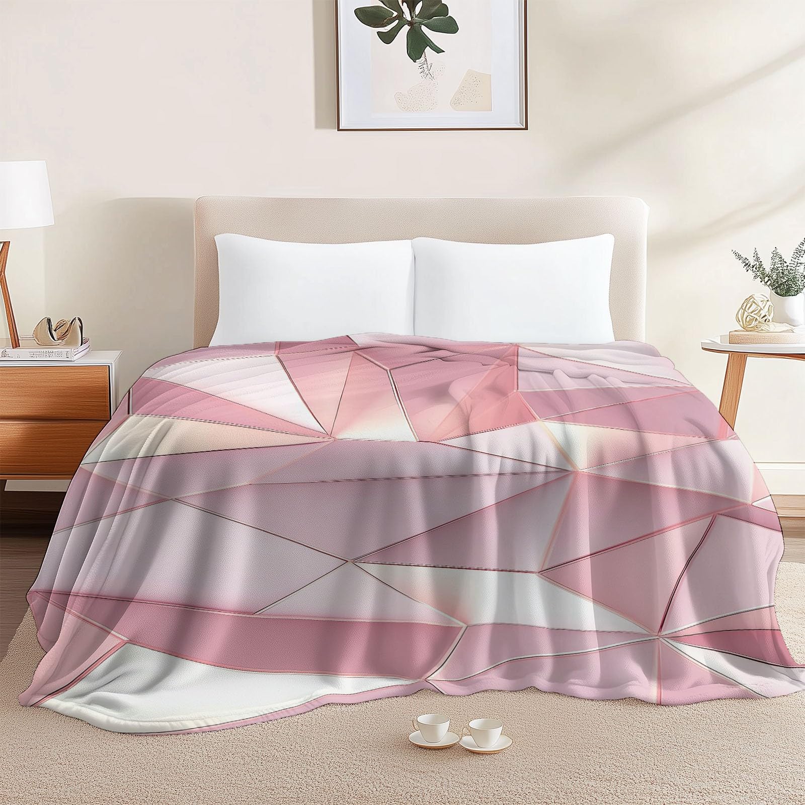 Manta con Polígono Rosado, 220x240 cm Manta Geométrico, Bonita Mantas acogedora versátil Suave cálida y Ligera para sofá Cama Camping Viajes