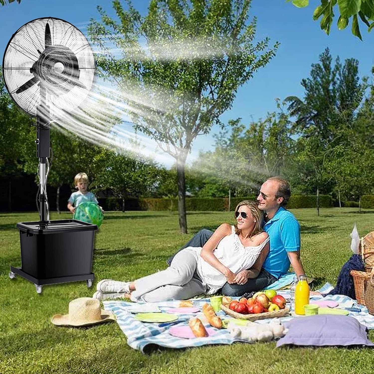 Island Misting Fan, 3 Cooling Speeds Standing Fan with 12 Gallon Tank, Adjustable Height, 45° Oscillation, Art Deco Pedestal Fan for Backyards, Patios and More