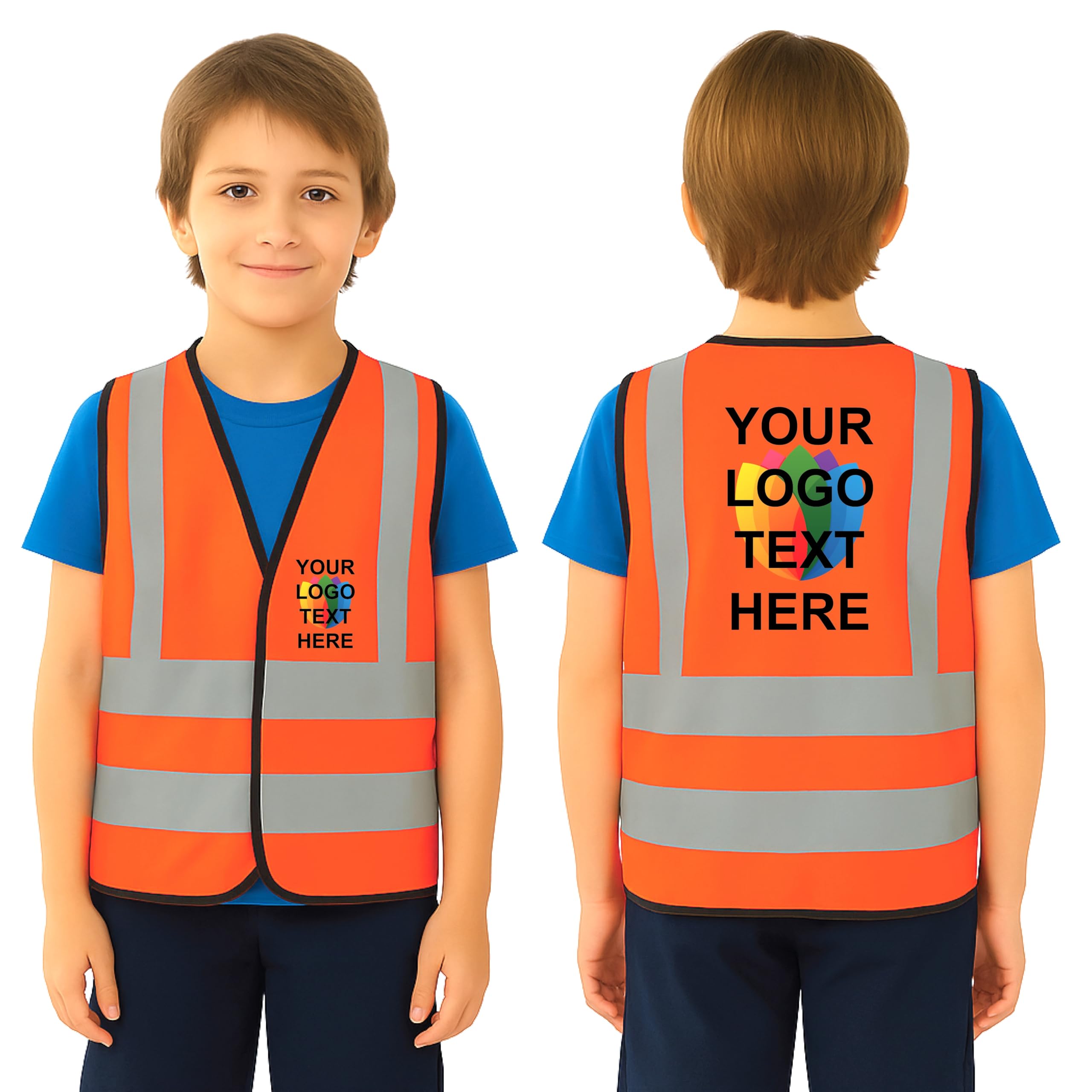 Kids Hi Vis Vest Custom Childrens High Vis Vests Jacket Personalised Yellow Viz Safety Security Waistcoat Hi-Vis Visibility Full Colour Print Reflective Strips Outdoor (Orange, 7-9 Years)