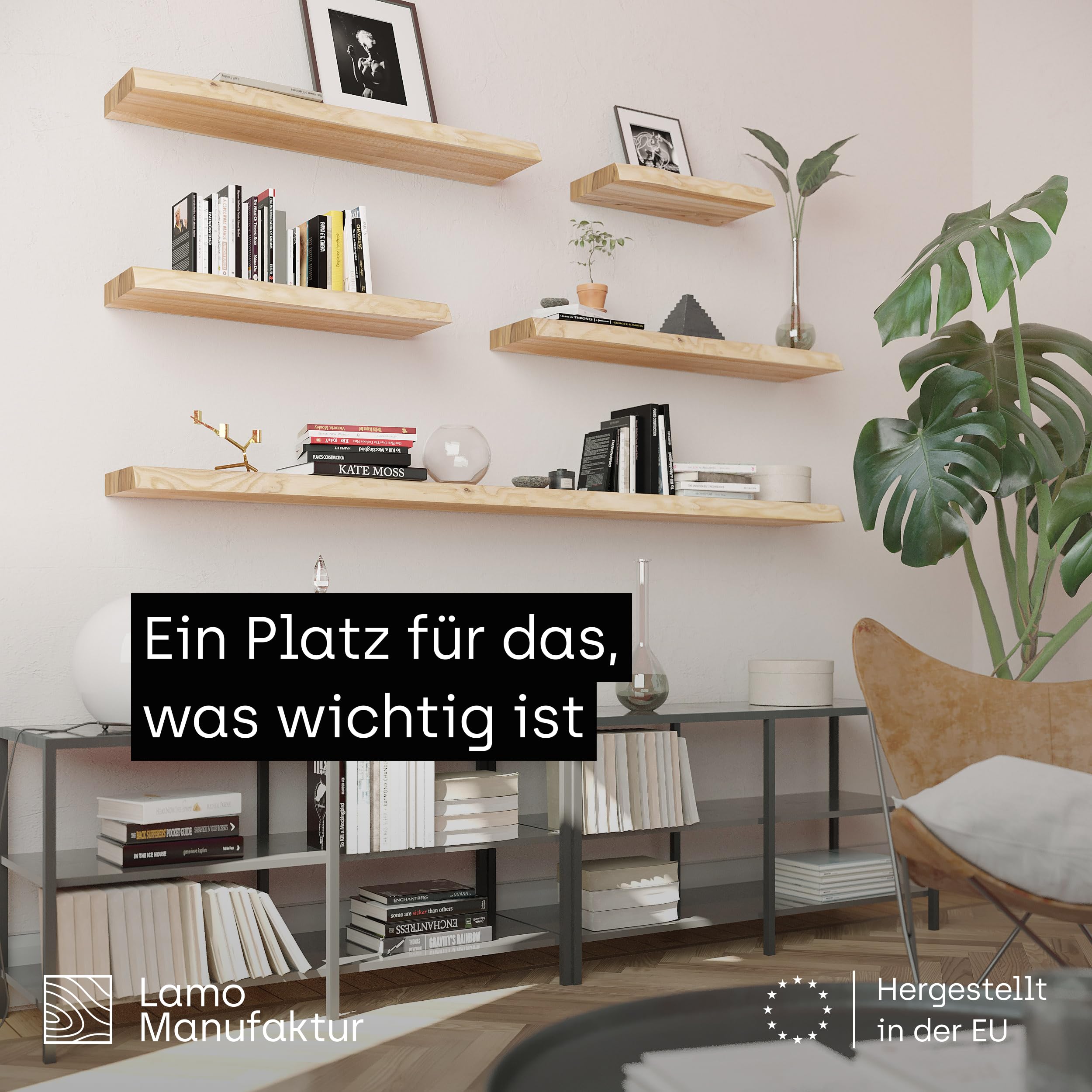 LAMO Manufaktur Schweberegal Holz mit unsichtbarer Befestigung | Wandregal 160 cm breit für Wohnzimmer, Home Office | Farbe: Rustikal, Kante: natürlich | Massivholz, modernes Design, Schwebende Optik