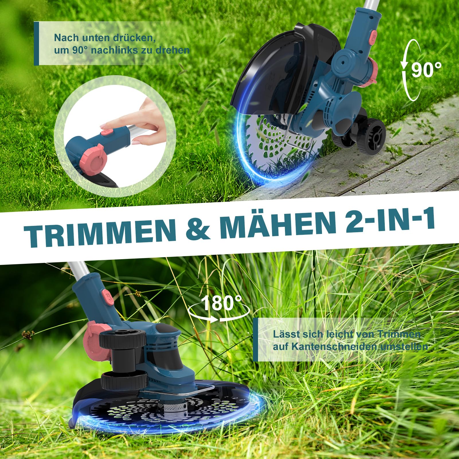 Rasentrimmer mit Akku für Makita Akkus, 2 in 1 Rasentrimmer/Kantenschneider, 21V Freischneider Akku mit 2 x 4.0Ah Akkus & 5 Klingentypen, Rasentrimmer mit Unkrautbürste für Garten