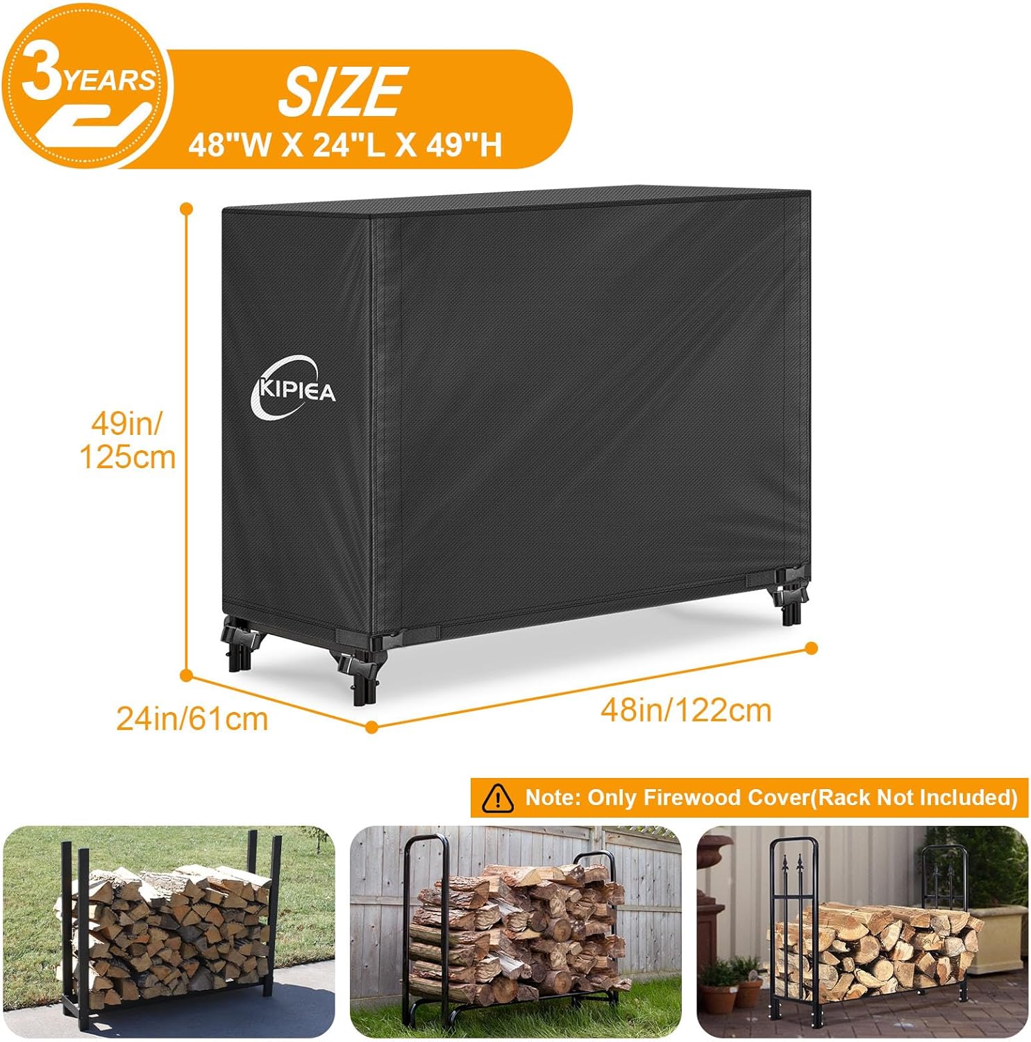 Kipiea 4FT Waterproof Firewood Storage Log Rack Cover, Heavy Duty 600D Outdoor Wood Storage Rack Cover with Buckles and Full-Length Hook & Loop Fastener, Tear-Resistant