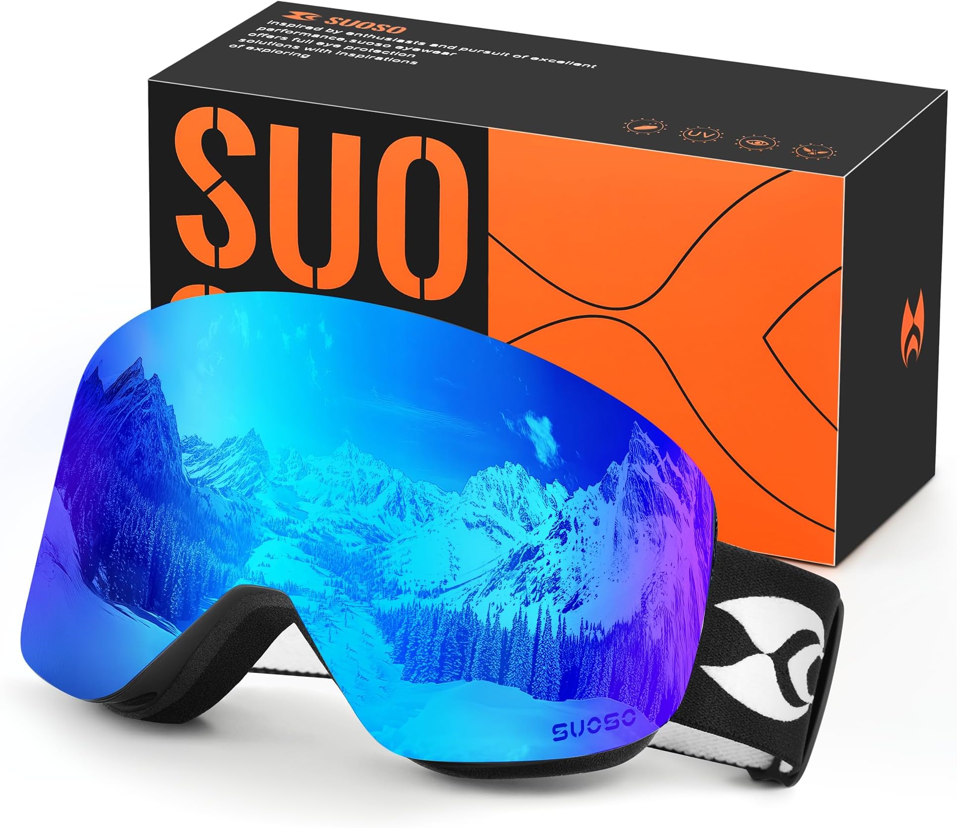 suoso OTG Ski Goggles for Men and Women, Frameless Magnetic Snowboard Goggles Anti Fog UV400 Protection Snow Glasses