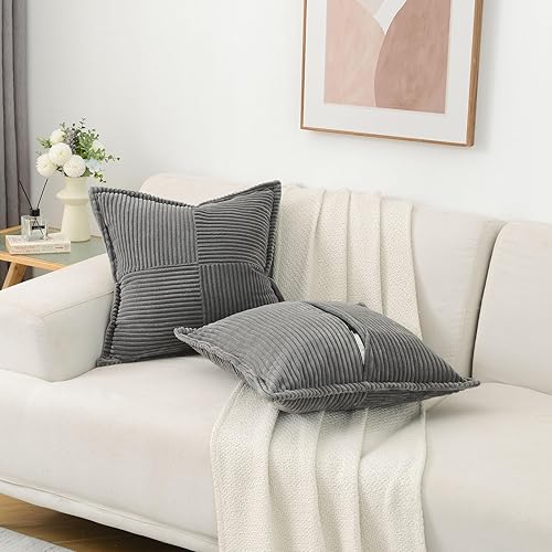 Miniatura 4 de HAUSSY Juego de 2 fundas de almohada de 18 x 18 pulgadas, pana suave y sólida a rayas  borde ancho, fundas cuadradas decorativas para cojín,