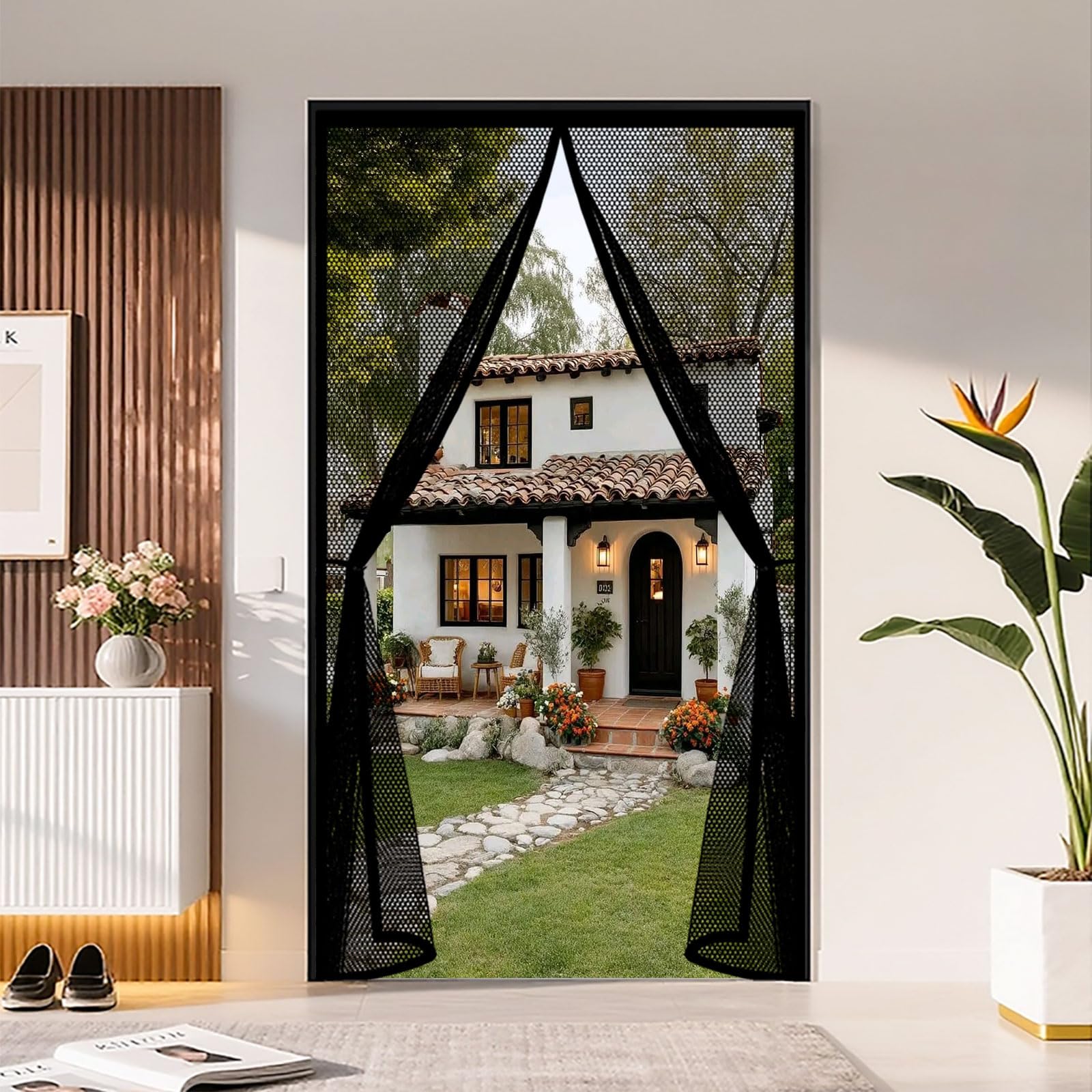 Magnetic Screen Door 74 x 205 cm Powerful Magnets and Full Frame Magic Tape Heavy Duty Bug Mesh Curtain Hands Free No Drill Installation for Patio Bedroom Sliding Kitchen, Black
