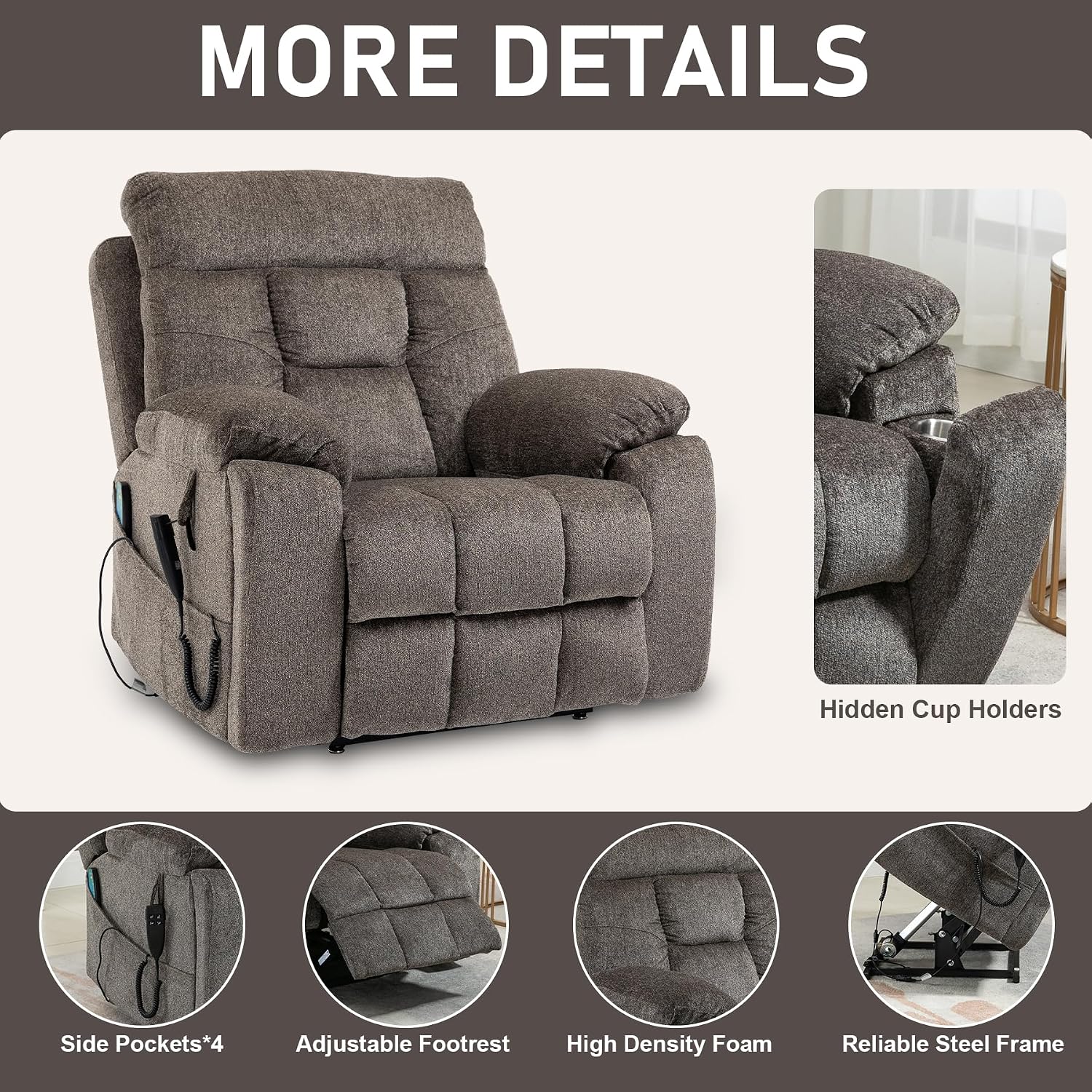 Oversized Lift Recliner Chair for Big and Tall Elderly, 26" Extra Wide Seat Power Lift Recliners with Heat and Massage, Dual Motor Electric Lay Flat Living Room Sofa with Lumbar Pillow, Dark Grey