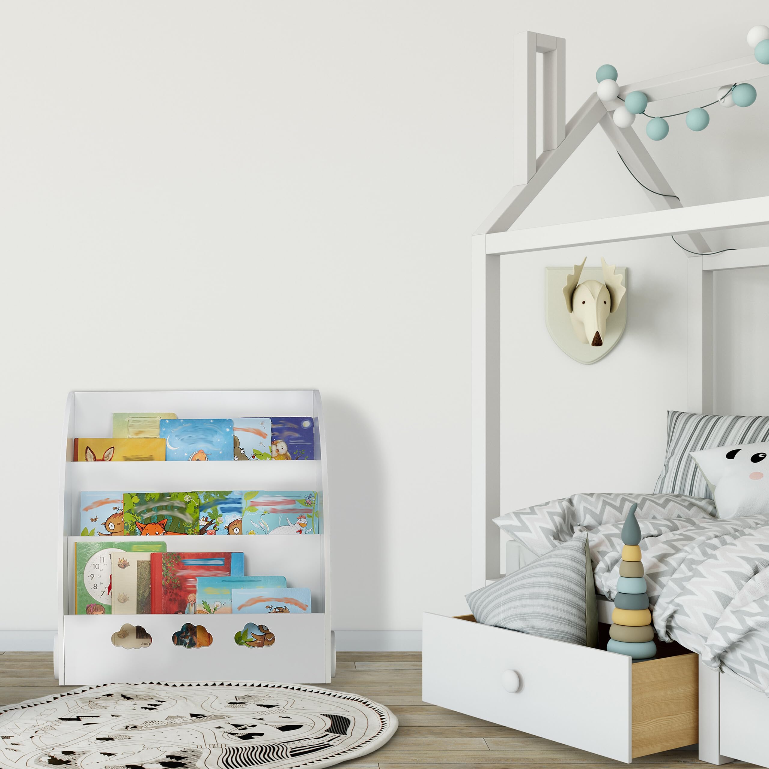 Relaxdays Estantería Infantil Libros, 60 x 58 x 45cm, Librería Niños 3 Baldas, MDF, Mueble Organizador con Nubes, Blanco