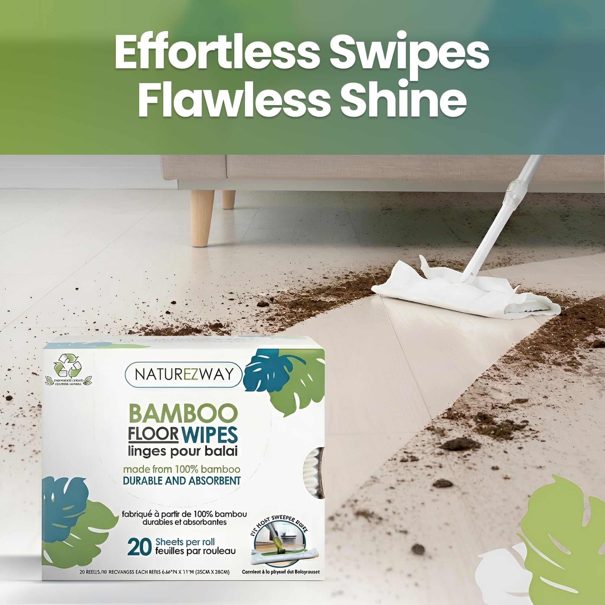 NatureZway - Wipes bagnati o asciutti del Pavimento Fatti con Rayon da bambù - 20Wipe(s)