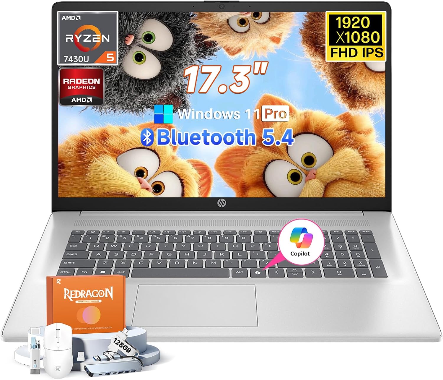HP 17 inch Laptop 2026 for Business Student, Windows 11 Pro, 32GB RAM, 2TB SSD, AMD Ryzen 5 7430U, 17.3" Anti-Glare FHD IPS Display, AMD Radeon Graphics, Copilot Key, Bluetooth 5.4, w/Accessories
