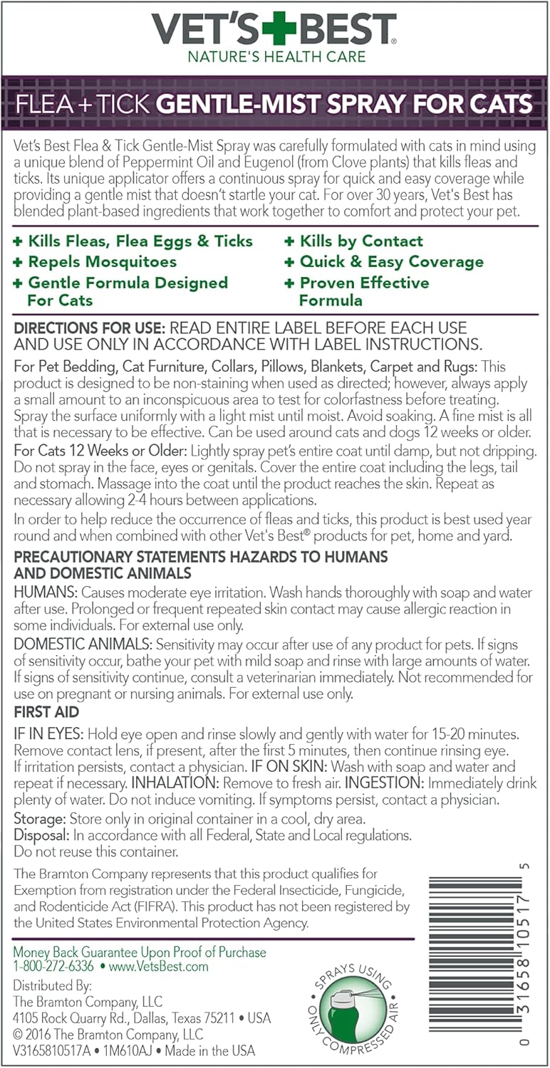 Vet's Best Flea and Tick Gentle-Mist Spray for Cats | Flea and Tick Spray with Certified Natural Oils | Gentle-Mist Spray for Easy Application and Control | 6.3 Ounces : Pet Supplies
