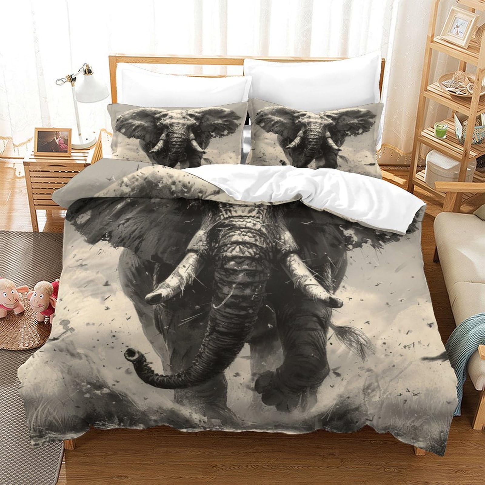Housse de couette microfibre super douce parure de lit 3D motif éléphant 140x200
