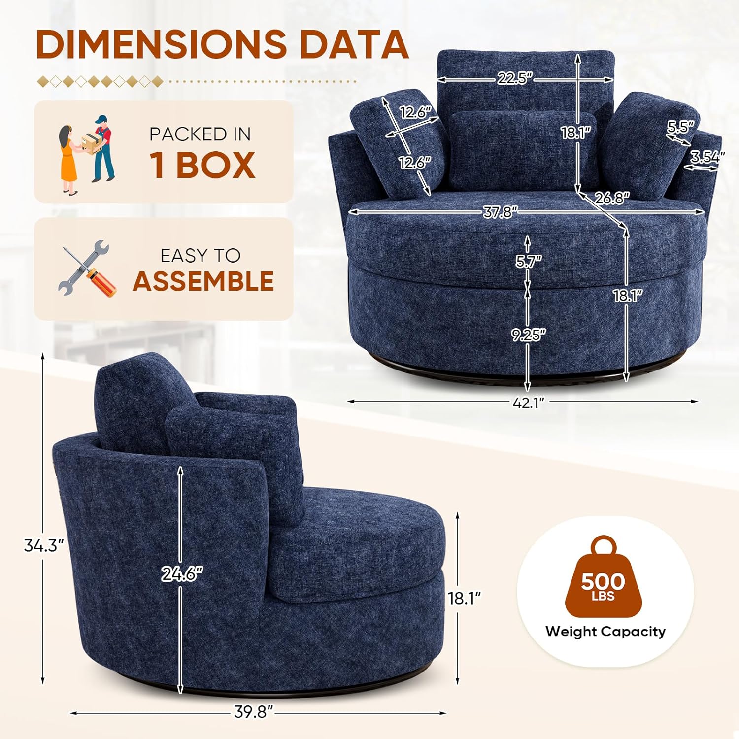 Oversized Swivel Accent Barrel Chair, 42'' W Chenille Upholstered Comfy Round Swivel Chair with Pillows, 360 Degree Modern Lounge Reading Sofa Armchair for Nursery, Living Room, Bedroom(Navy Blue)