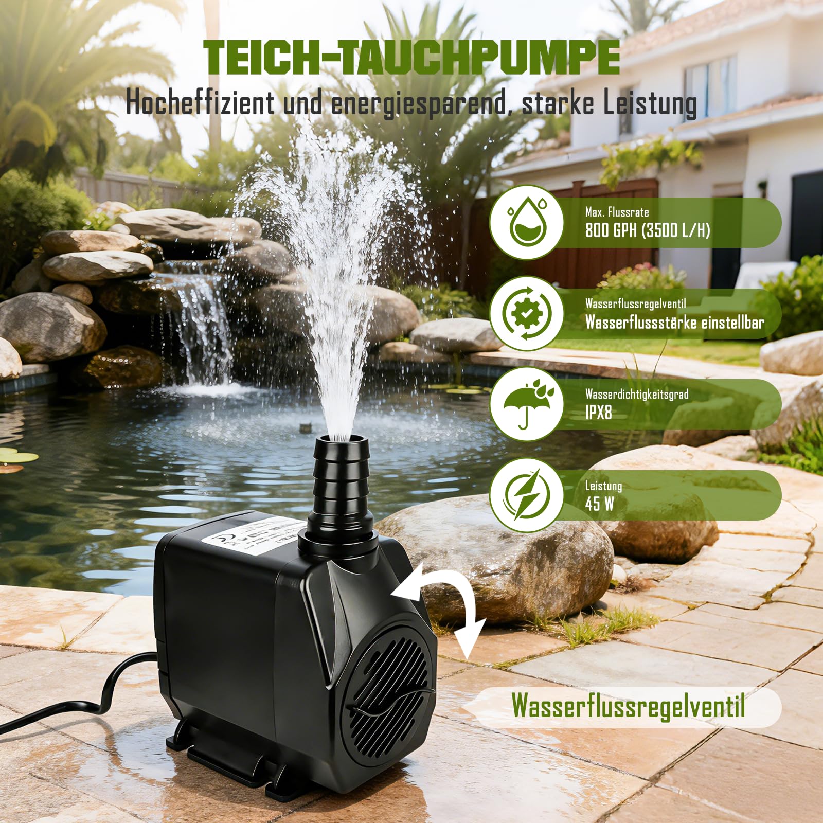 Edelstahl Wasserfall Set 30 cm 45 W 3500 L/h Pumpe 3 m Schlauch Garten Teich
