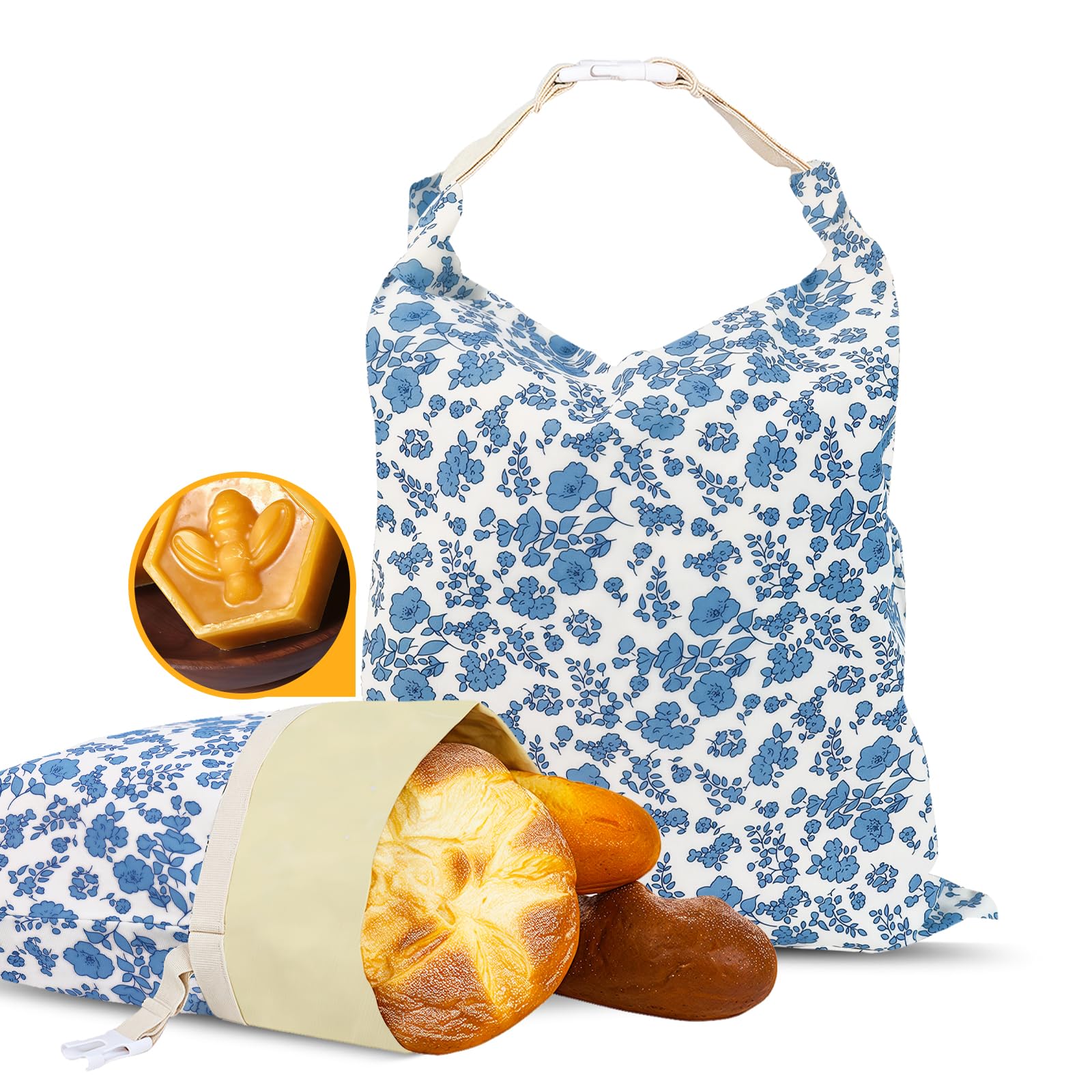 2 Pack Beeswax Bread Bags - 17x13 Inch Reusable Bread Storage Bags,Bees Wax Lined Bread Bags for Home Cooks fresh bread storage Easy Clean (Blue Floral)