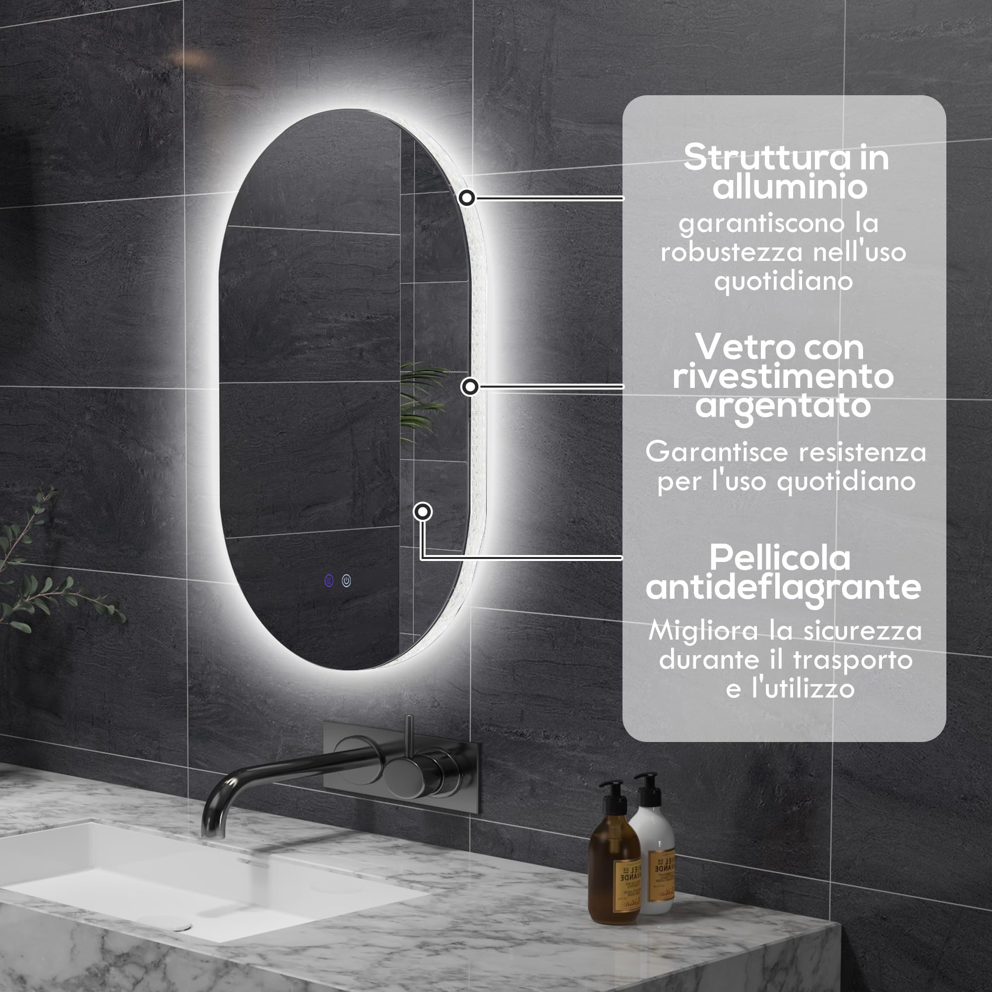 kleankin Specchio da Parete con Luce LED 81x51 cm, 3 Colori 3000-6500K, Luminosità Regolabile, Specchio Bagno Antiappannamento con Funzione Memoria, Interruttori Touch, IP44, Orizzontale/Verticale