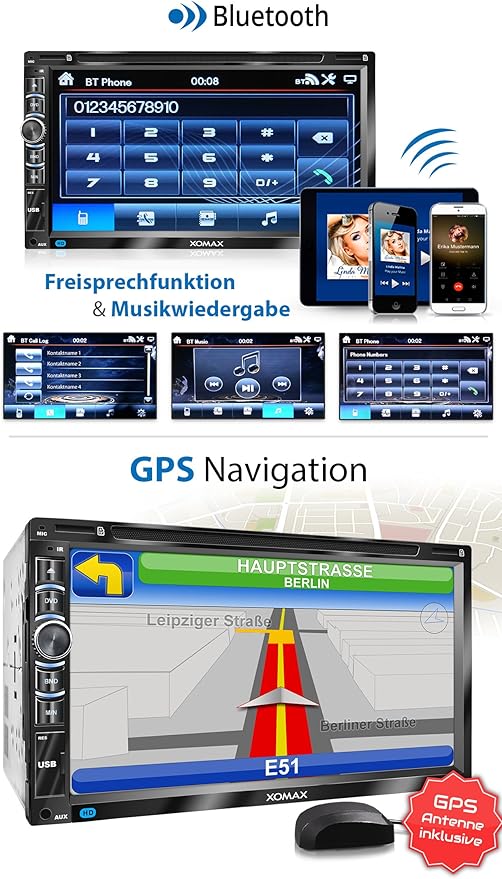 Xomax Xm 2dn6906 Car Radio With Mirrorlink I Gps Navigation I Navigation Software Including Europe Maps I Bluetooth Hands Free Kit I 18 Cm Touchscreen Screen I Dvd Cd Player I Sd I Usb