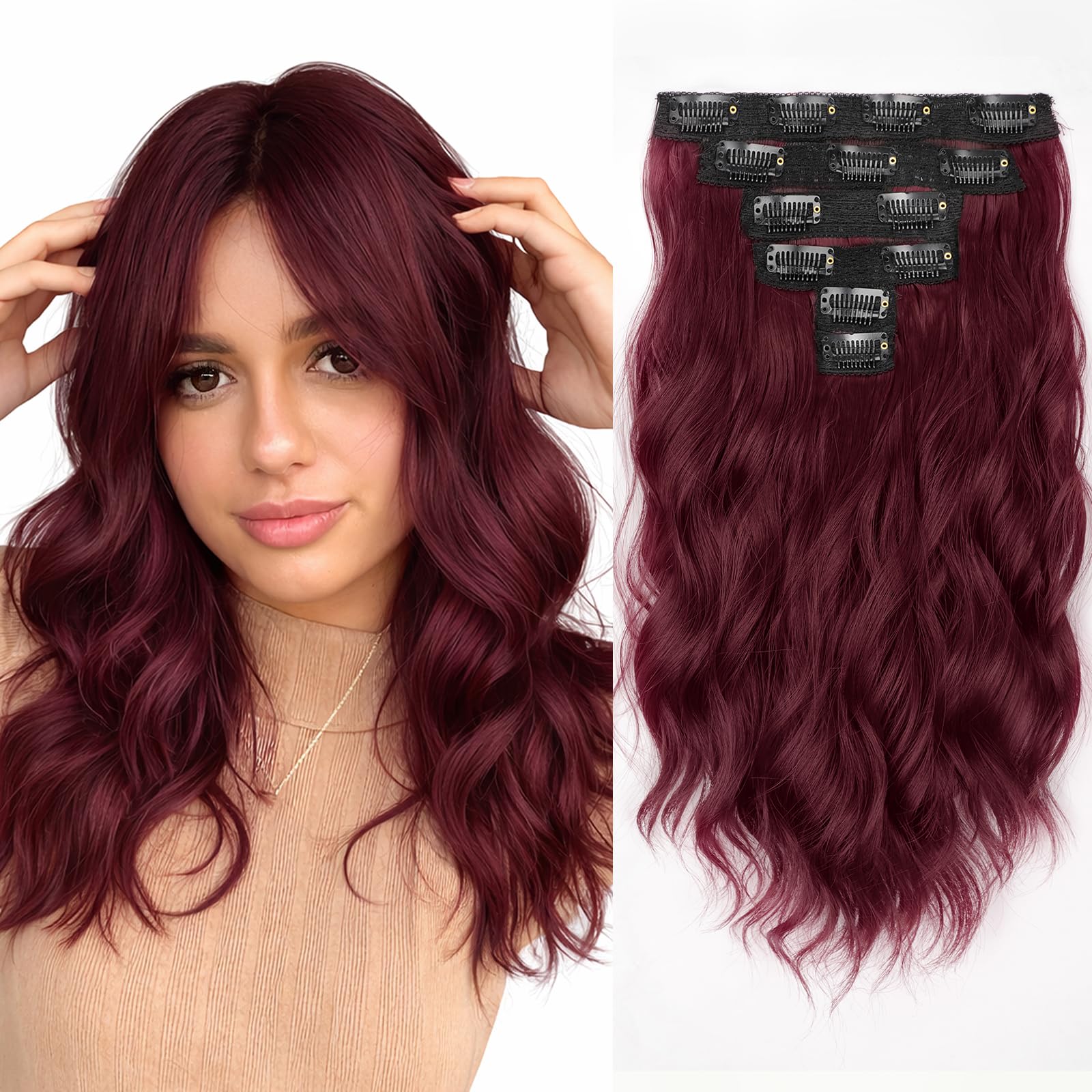 KooKaStyle Short Hair Extensions 6PCS 14 Inch Wavy Curly Hairpieces Synthetic Soft Lace Weft Clip in Hair Extensions-Burgundy for Women