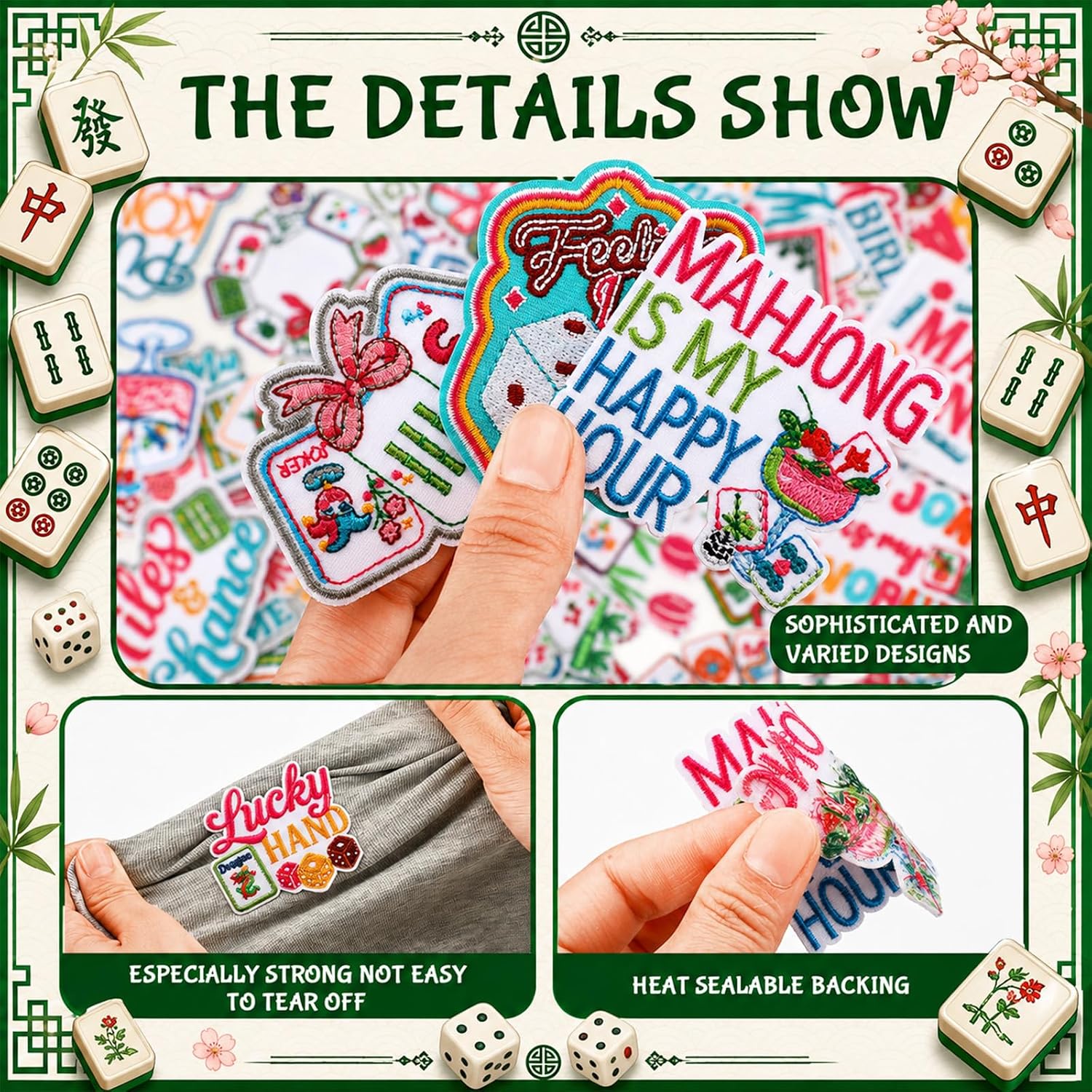 Wavwavw 50 Pcs Mahjong Iron on Patches Mahjong Tile Game Embroidered Patch