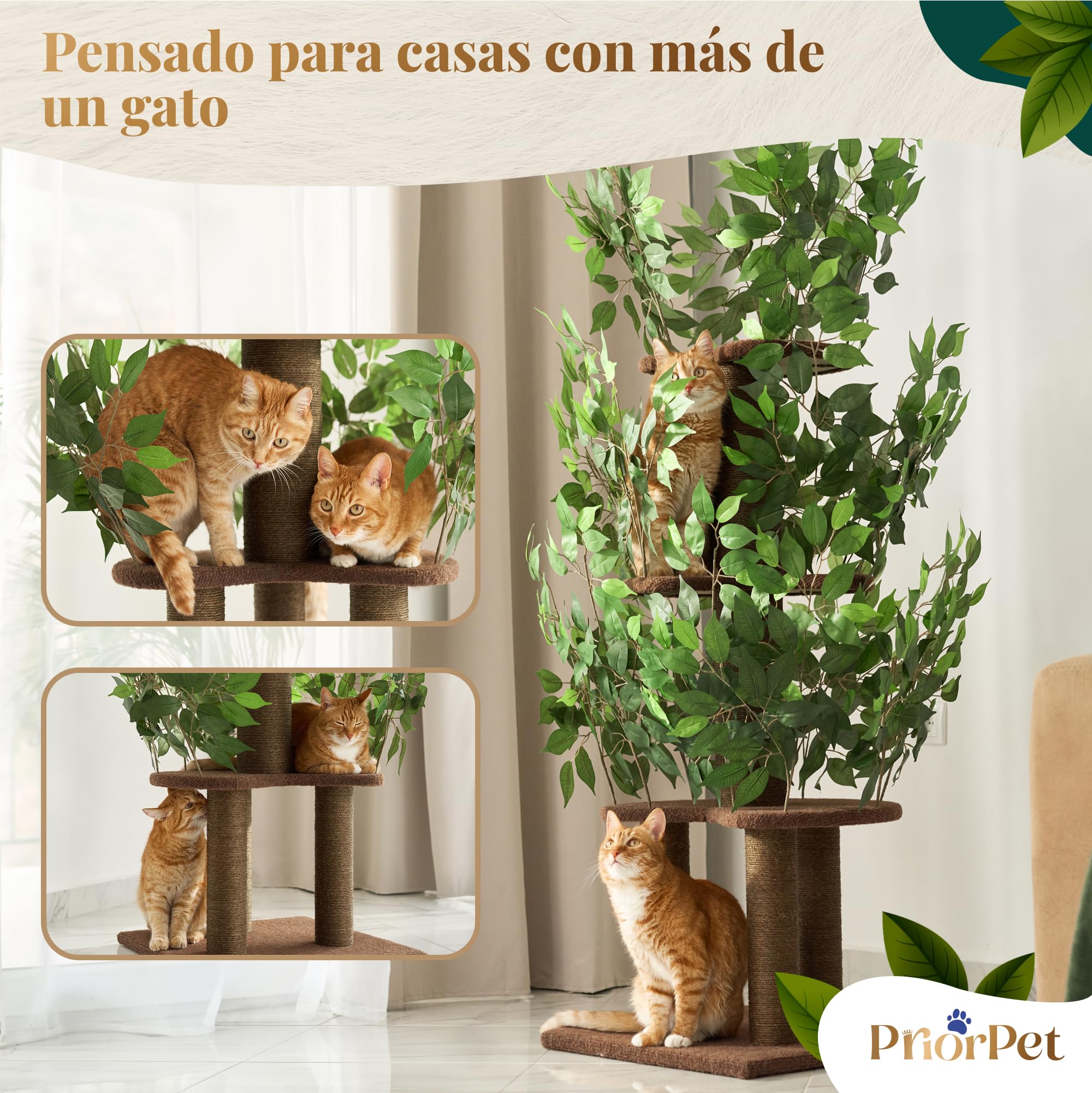 Arbol rascador con Hojas Compacto y Estable para Gatos Grandes – 4 Niveles para trepar, rascar y Descansar – Hojas seguras – Fácil Montaje – Materiales Resistentes y Aptos para Mascotas – 160CM