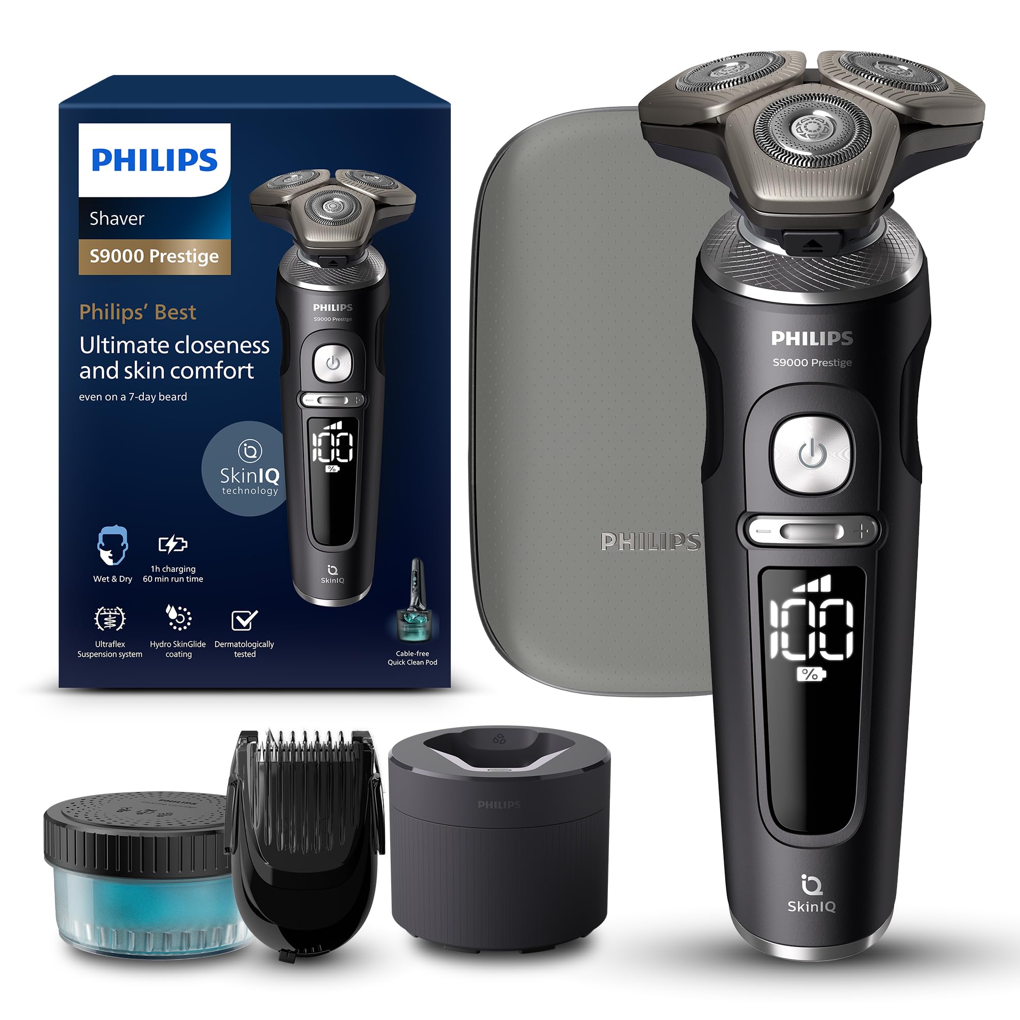 Philips Serie 9000 Prestige Afeitadora Eléctrica Hombre, Máquina de Afeitar Barba con Barbero, 72 cuchillas, Motor Digital, 60min de uso, Seco y Húmedo, Recargable, Centro de Limpieza, SP9840/31, Mate