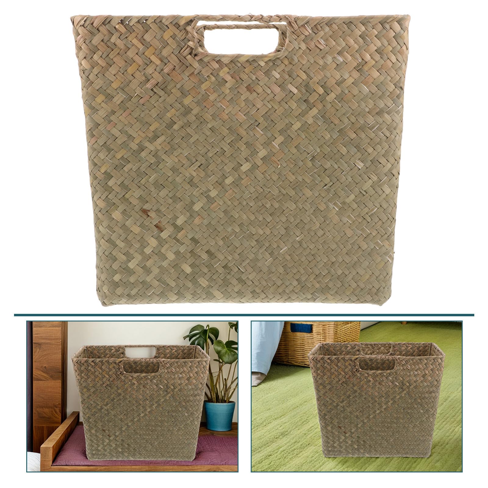FRCOLOR Cesta de Almacenamiento Tejida a Mano Natural 35x30x18 Cm de Algas Marinas con Asas Dobles Multifuncional para Hogar Oficina y Sala de Estar