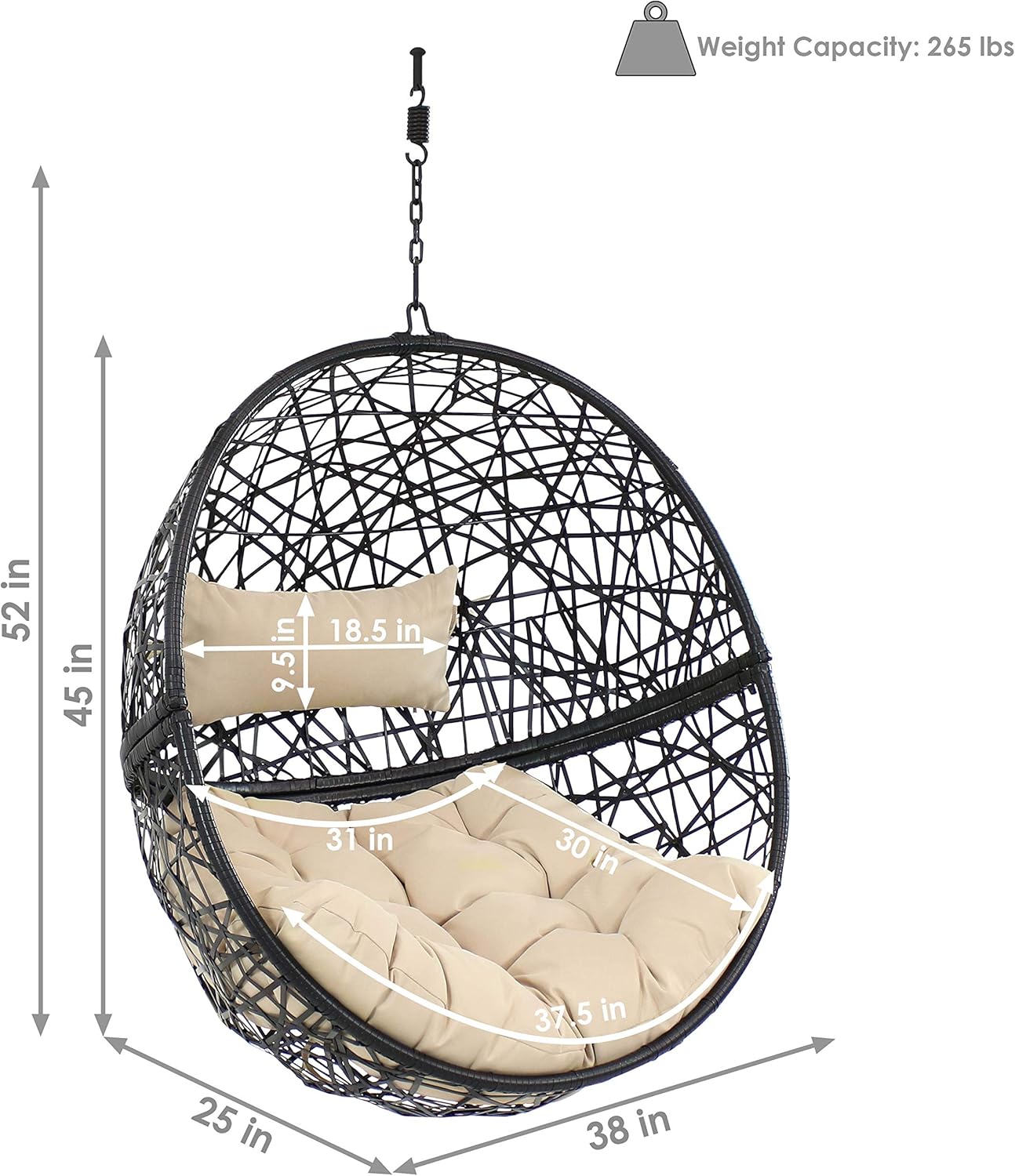 Sunnydaze Jackson Resin Wicker Hanging Egg Chair - 265-Pound Weight Capacity - Removable Cream Polyester Cushions