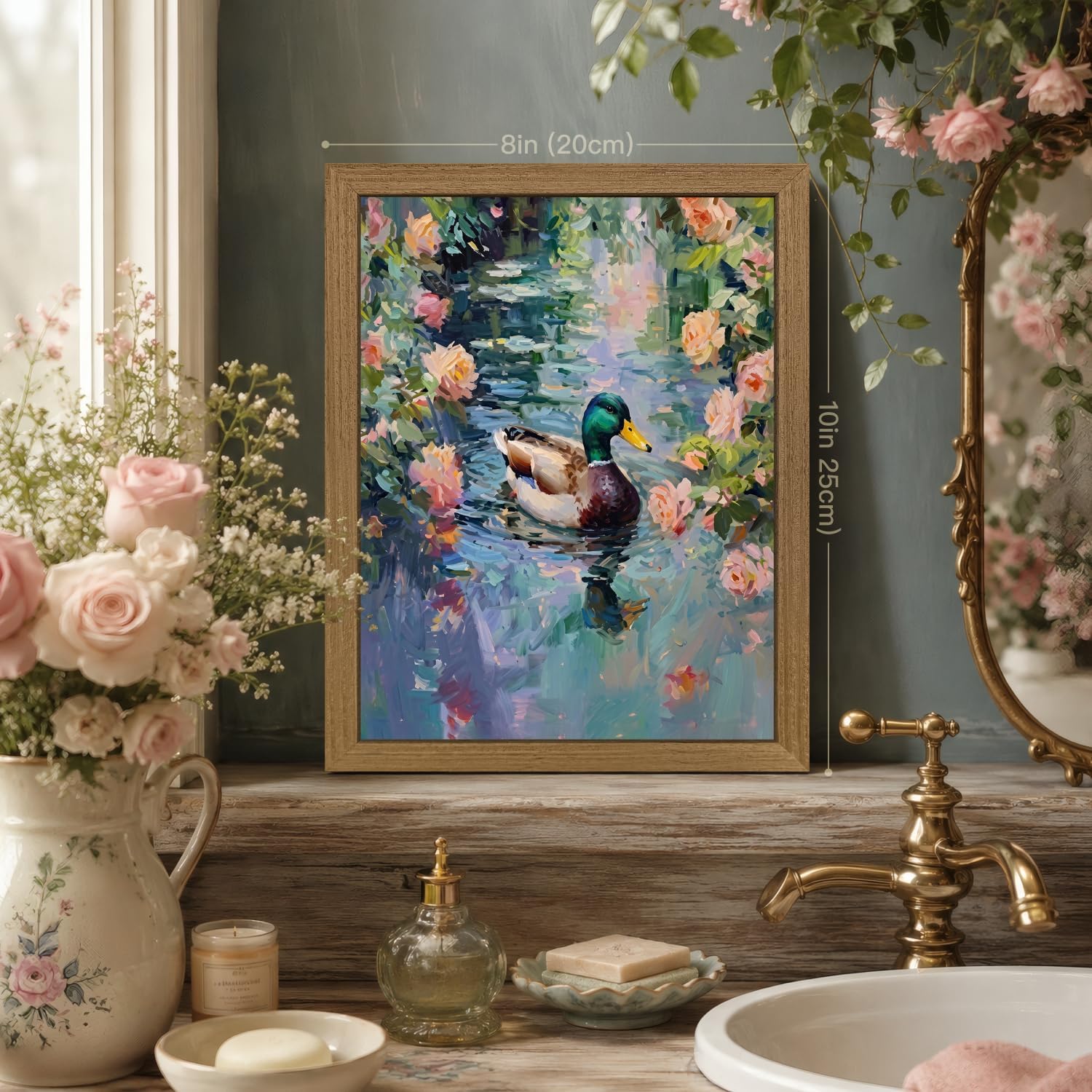 HLXRAE Vintage Mallard Duck Pond Bathroom Wall Art, Wood Framed 8x10 Inch image 2