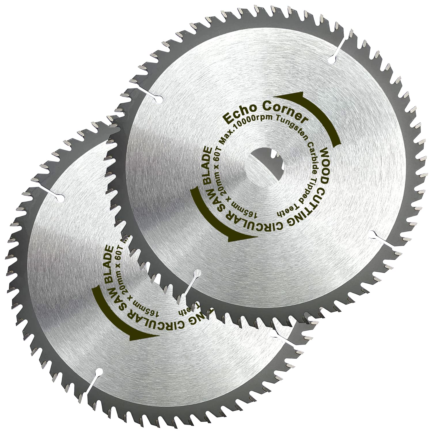 Echo Corner 2-Pack 165mm (20mm Bore) 60-Tooth Wood Cutting Circular Saw Blades, Fine Cut Crosscut Framing Plywood MDF Plastic Veneer Lumber Laminate