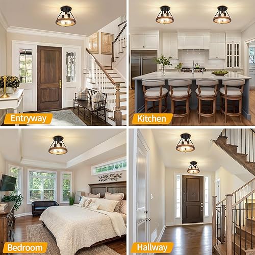 Miniatura 6 de Moderna lámpara de techo semiempotrada de madera de granja, accesorios de luz de entrada de pasillo, lámpara de techo industrial rústica de 3 luces