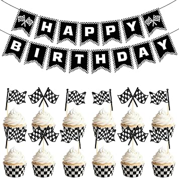 Racing Flags Happy Birthday Banner - 12 PCS Black White Checkered Flag Cupcake Toppers Decorations for Racing Themed Birthday Party Decor Supplies