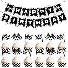 Racing Flags Happy Birthday Banner - 12 PCS Black White Checkered Flag Cupcake Toppers Decorations for Racing Themed Birthday Party Decor Supplies