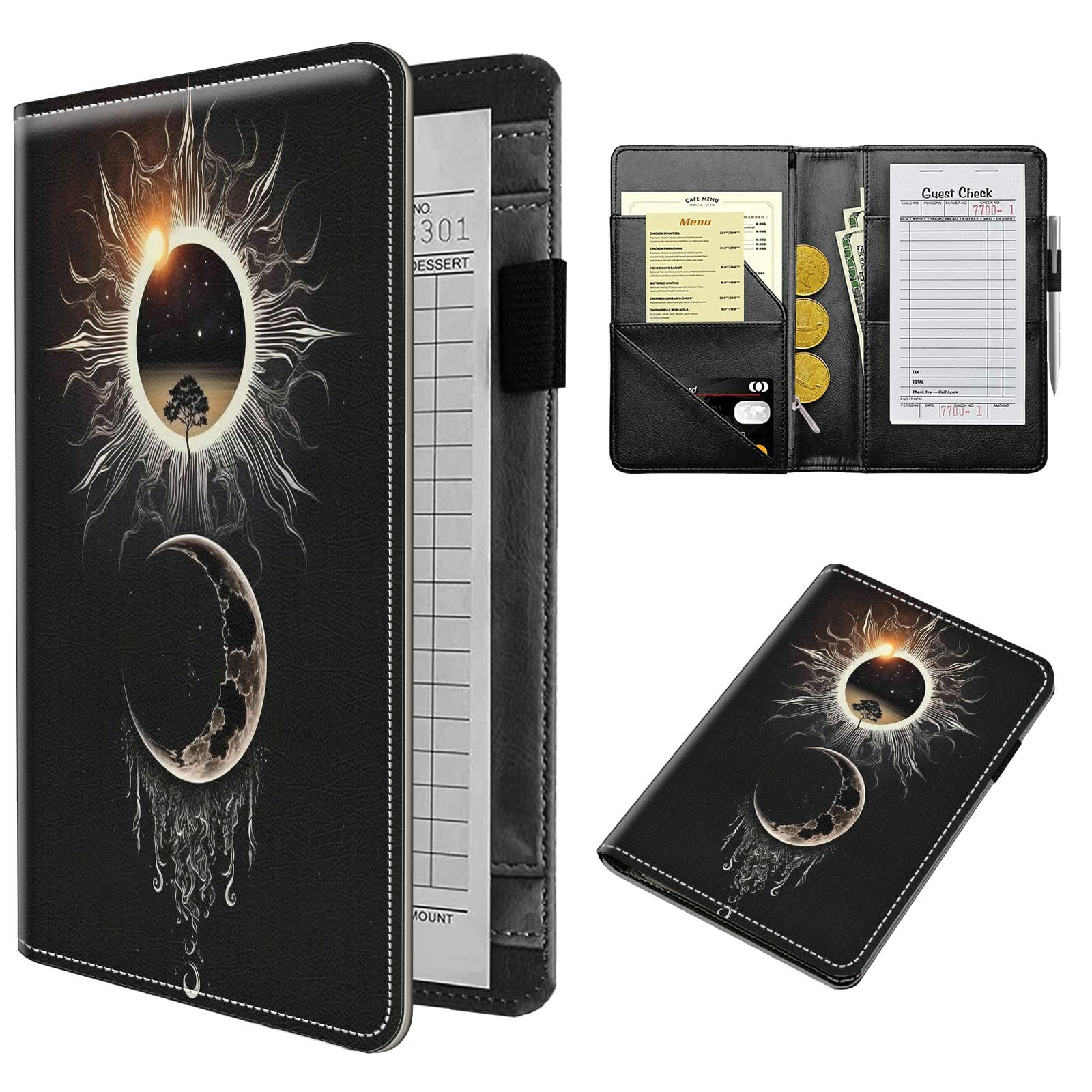 Server Books for Waitress-Leather Waiter Book Server Wallet with Zipper Pocket,Guest Check Book Waitstaff Organizer with Money Pocket Fit Server Apron,Moon Sun in Black