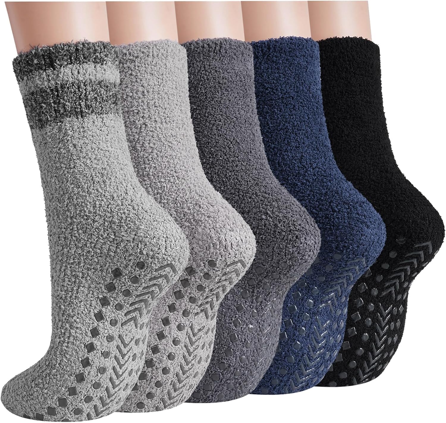 Fuzzy Socks Men with Grips, Cozy Fluffy Elderly Slipper Sock Non Slip Thick Winter Warm Hospital Sleep Home 5 Pairs