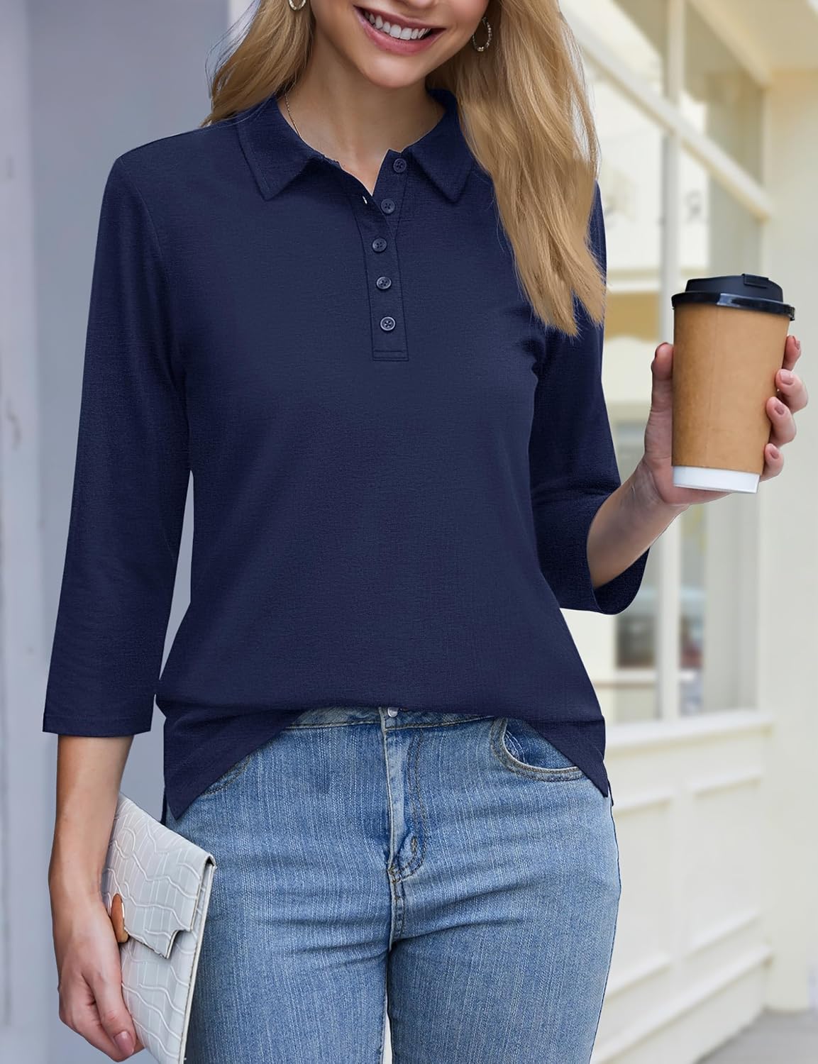 YUCOLEN Polo Shirts for Women 3/4 Sleeve Tops Golf Tees 5-Button Collared Cotton Shirt Business Casual - Image 3