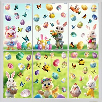 Easter Window Clings Bunny Eggs Chick Butterfly Decorations 9 Sheets 3D Window Stickers Double-Sided Static Cling Decals for Glass Doors Windows Spring Holiday Home Room School Party DIY Art