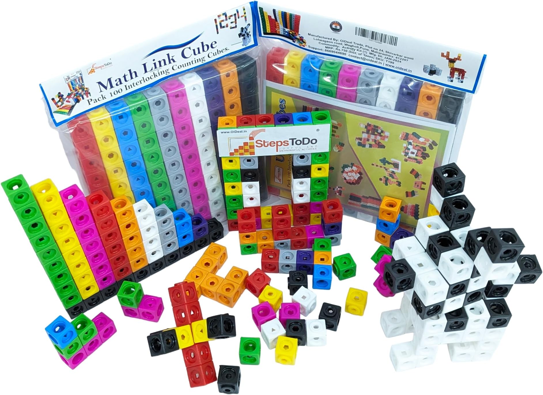 100 Interlocking Math Cubes Set – 2 cm Educational Manipulatives for Counting, Linking, Colours Sorting & Pattern Activities with Booklet