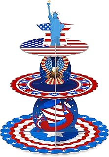 3 Tier Patriotic Cupcake Stand Statue of Liberty Dessert Tower Holder Display Cardboard USA Christmas American Flag Birthday Party Decoration Supplies for Xmas Holiday New Year Labor Day Veterans Day