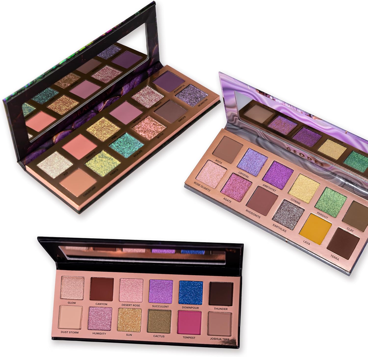 Whats Up Beauty – 3 Eyeshadow Palettes (Dragon Eye, Desert Monsoon, Geodes) Talc Free Clean Cruelty Free Made in Italy Sustainable Makeup
