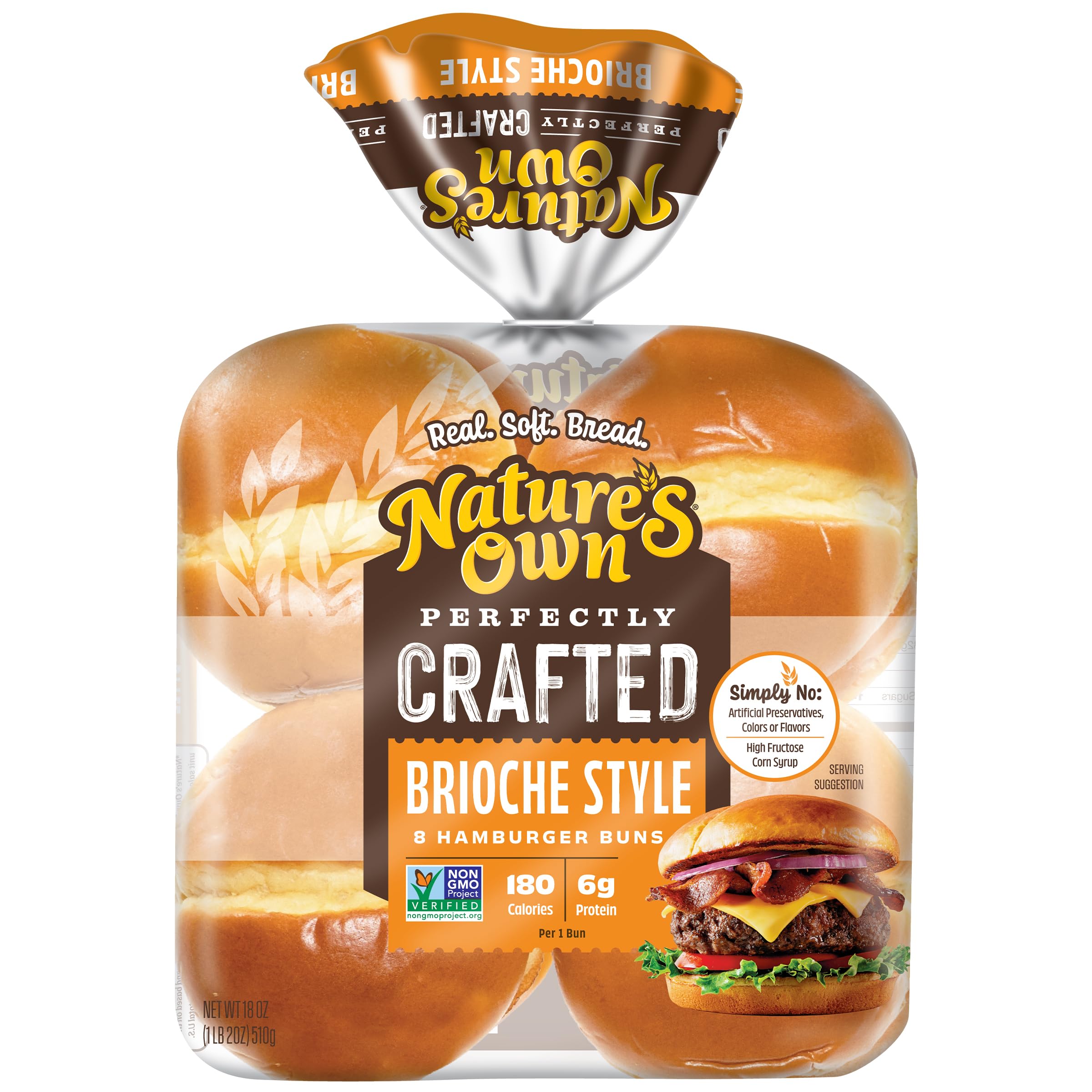 Nature's Own Perfectly Crafted Brioche Style Hamburger Buns, Non-GMO Hamburger Buns, 8 Count