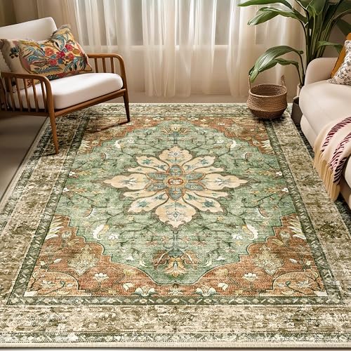 RELEANY Washable Area Rug, 5'x7', Brick/Brown/Green