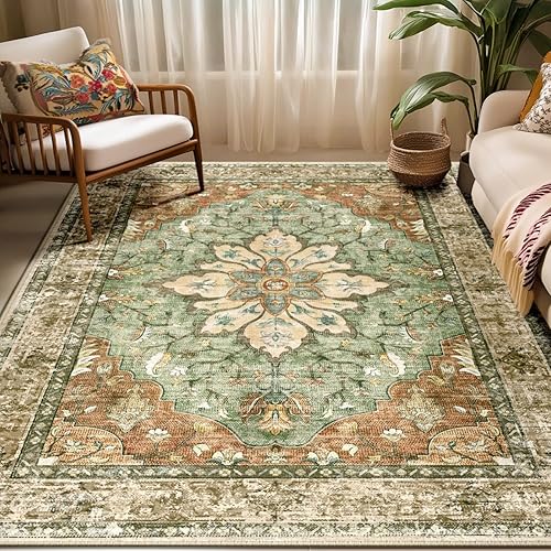 Area Rugs 5'x7' Washable Non-Slip, Floral Vintage Distress Print Pattern